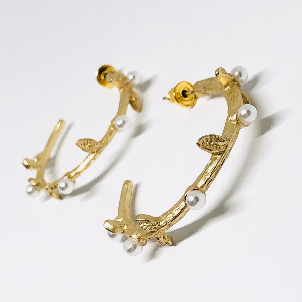 New! Pearls Leaves Half Hoop Wreath S925 Earrings